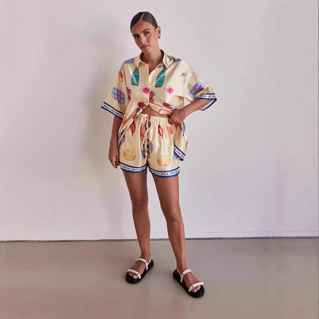 Casual Cartoon Lapel Cardigan Short Sleeve Shorts Suit
