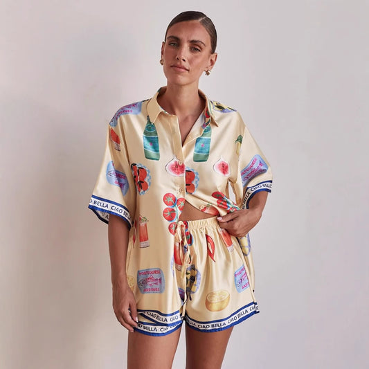 Casual Cartoon Lapel Cardigan Short Sleeve Shorts Suit