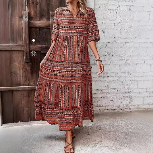 Retro Loose Mixed Color Half Sleeve Dress