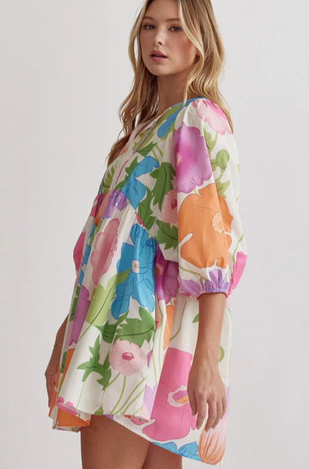 Casual Loose Flower Print High Waist Dress Women